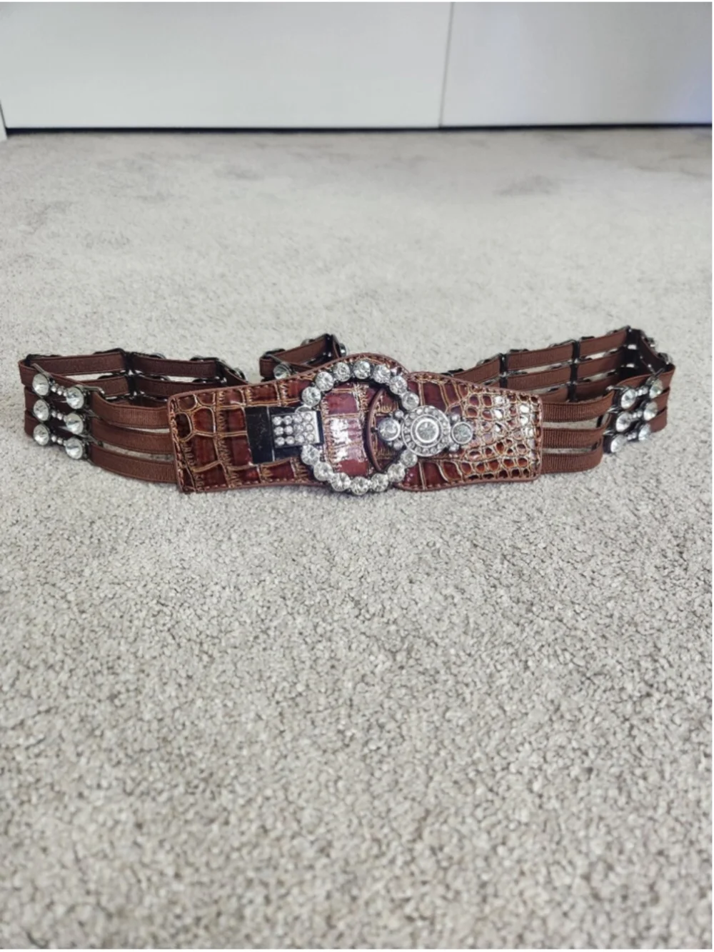 Brown Y2K Statement Belt Rhinestone Elastic Stretch Waist Belt McBling 2000s